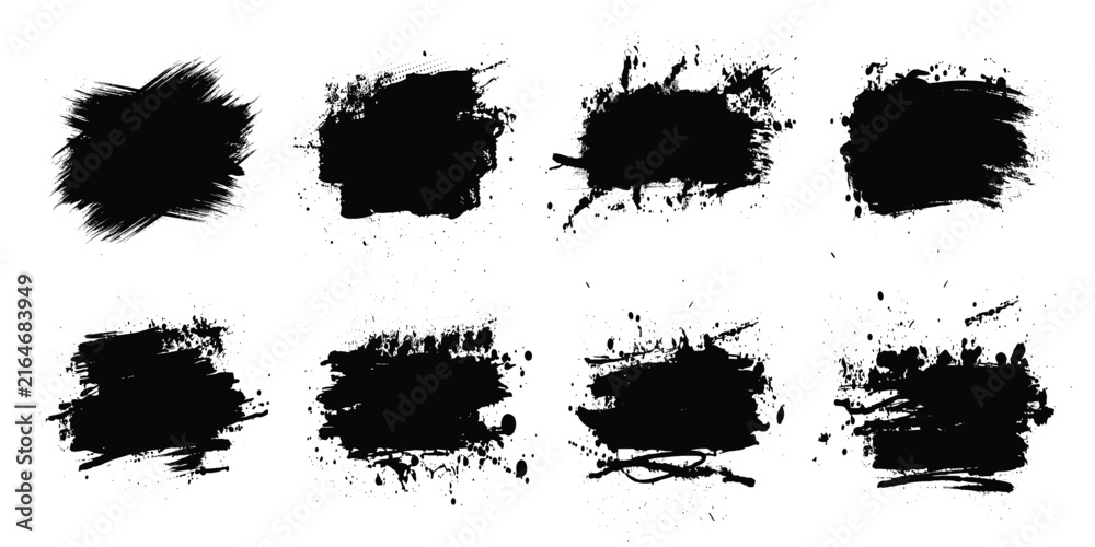 Fototapeta premium Black dried paint splattered in dirty style. Isolated black ink stencils for graphic design, text fields. Artistic texture of ink brush strokes, splatter stains, callout. Paintbrush, stroke vector set