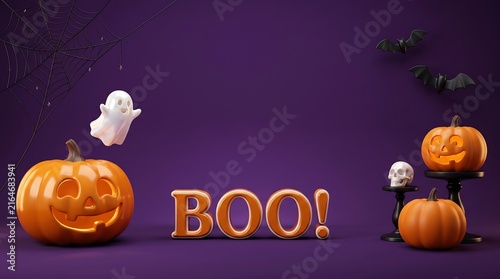 Spooky halloween pumpkins and ghost floating in dark purple background