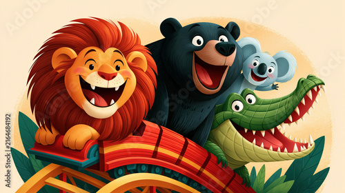 Cute Cartoon Animals Riding a Roller Coaster Created with Generative AI Technology AI Generative
