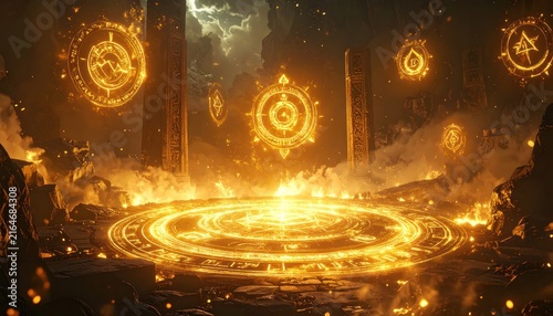 Glowing magical symbols and ancient ruins in dark forest.