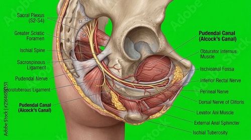Pudendal nerve anatomy diagram showing pelvic floor structures and nerve pathways.
