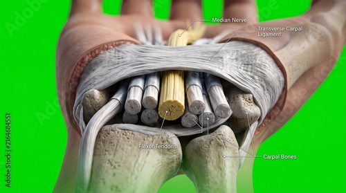 Median nerve anatomy in carpal tunnel syndrome medical illustration