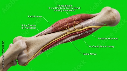 Anatomical illustration of the radial nerve in the spiral groove of the humerus bone.