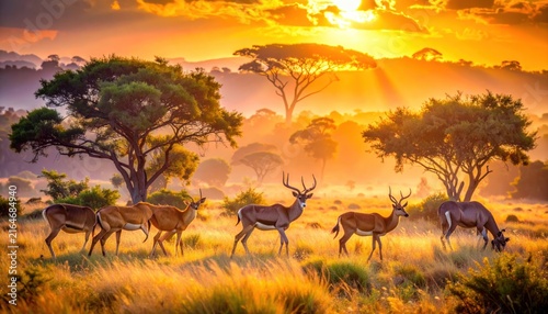 Golden African Savannah Sunrise with Antelopes Grazing Amidst Acacia Trees and Hazy Mountains