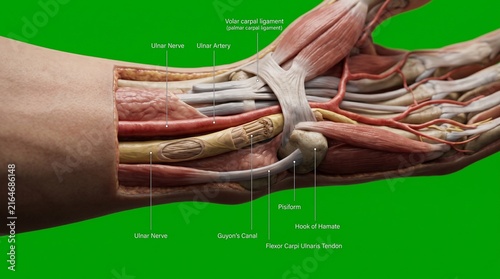 Anatomical illustration of the ulnar nerve in Guyon canal of the human wrist