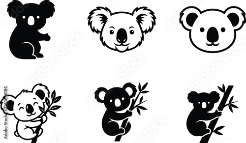 Photography Koala Bear Animal Icon Collection with Eucalyptus Leaf and Wild Nature Symbols f