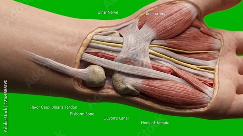 Anatomical illustration of the ulnar nerve in Guyon canal of the human wrist