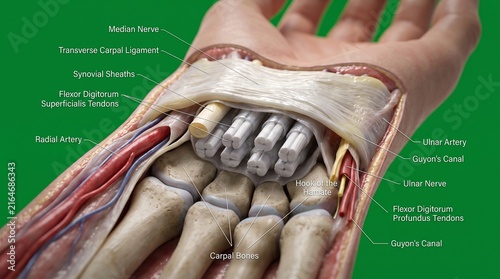 Human wrist anatomy medical illustration showing carpal tunnel and tendons