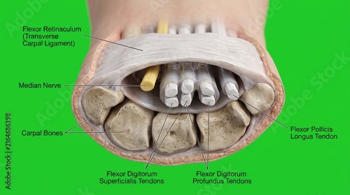 Carpal tunnel syndrome anatomy diagram showing median nerve compression in human wrist
