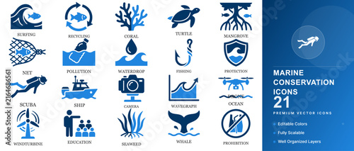Conservation marine ocean sea in icon set vector of symbol ecology environmental aquatic water fish turtle coral ecosystem scuba diver