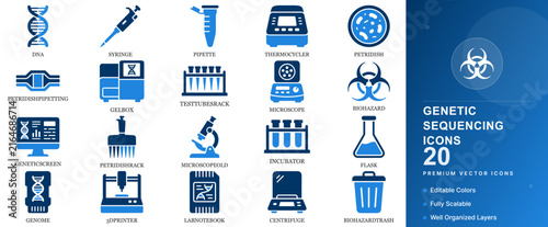 Genetic dna sequencing gene in science biology medical of research laboratory biohazard icon vector set medicine chemistry molecule helix microscope