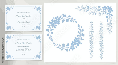 Wedding invitation card template design with blue floral wreath and botanical elements