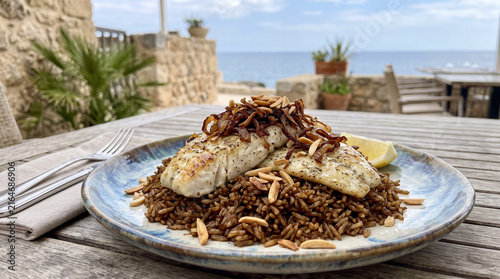 a traditional Levantine and coastal Mediterranean dish featuring spiced white fish served over brown rice infused with deeply caramelized onions and warm spices, typically garnished with toasted nuts 