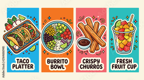 Mexican food menu banners displaying taco platter burrito bowl crispy churros fruit cup