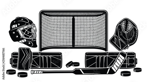 Hockey goalie equipment set including mask stick pucks net pads and glove on white background