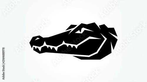 Minimalist black silhouette crocodile head emblem featuring sharp geometric shapes isolated on a clean white background with displays stylized black