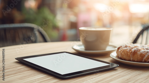 Tablet Mockup with Blank Screen, Coffee and Croissant in Warm Cafe