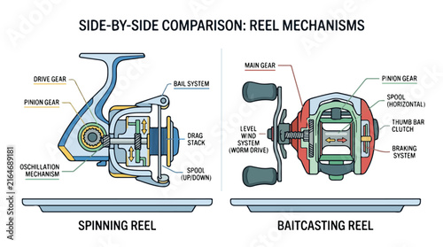 Fishing reel comparison diagram showing internal mechanism anatomy of spinning and baitcasting tackle