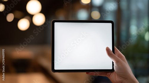 Hand Holding Tablet Mockup with Blank Screen in Modern Cafe Interior