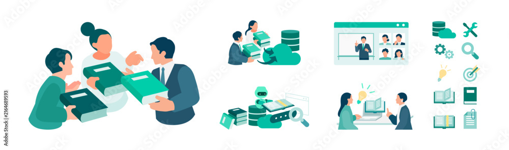 Fototapeta premium Strategic knowledge management solution resolving individual dependency through automated AI search, integrated database architecture, and structured data governance to ensure seamless operations