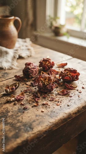 Rustic Kitchen Scene with Dried Flowers and Natural Light.