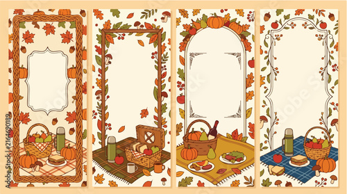 Autumn leaves border frame set with picnic basket and blanket vector illustration