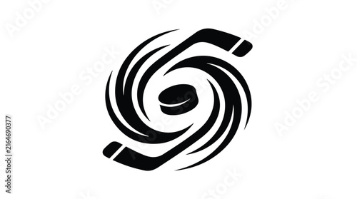 Ice hockey logo with stick and puck spinning in dynamic vortex shape black icon