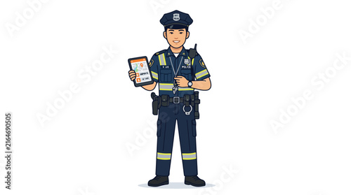 Police officer holding digital tablet showing screen standing uniform illustration vector