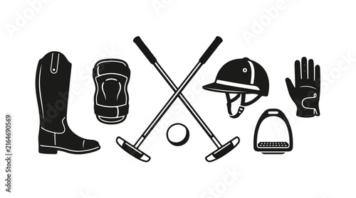 Polo sport equipment icon set with mallet and ball for tournament design collection
