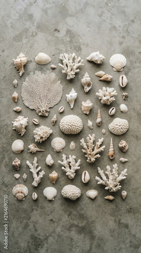 Sea Shells and Coral Arrangement on Gray Surface for Beach Theme.