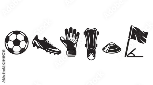 Soccer equipment icons set featuring ball shoe glove guard cone and flag in vector style