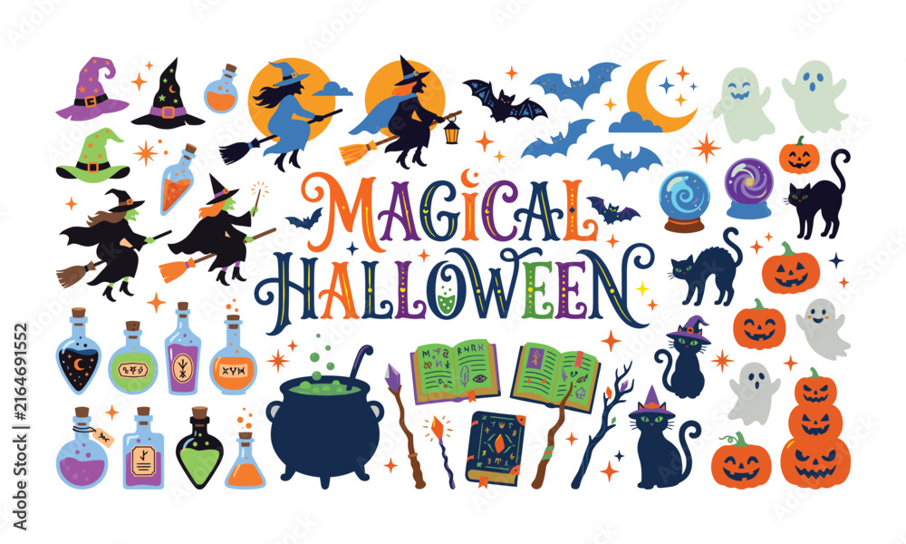 Fototapeta premium A festive collection of spooky halloween elements including pumpkins ghosts bats and a haunted house on white background