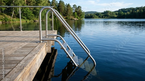 Serene Lakeside Dock with Metal Ladder and Calm Water.