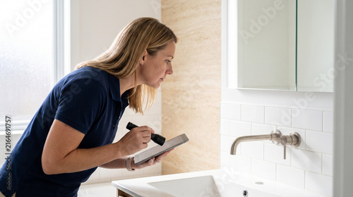 Housing rental, White woman viewing bathroom in apartment
