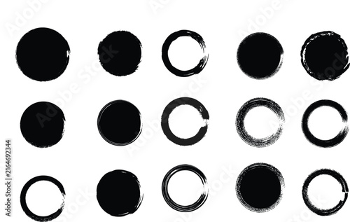 Hand-drawn black circles and rings set. Artistic ink strokes and grunge dots. Vector graphic elements for logos and design. Rough texture and edgy style.