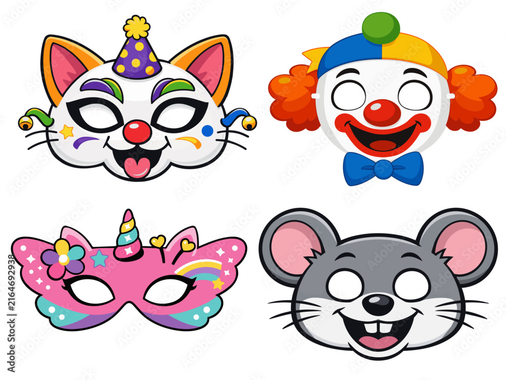 Fototapeta premium Collection of fun Carnival masks: unicorn, clown, mouse, and cat. Vector illustration on a transparent background._
