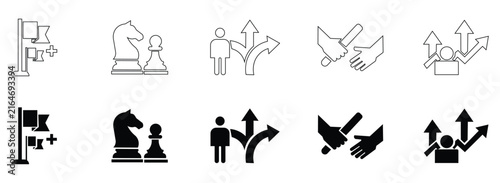 Business Strategy and Career Growth Vector Icon Set with Chess Decision Making and Teamwork Relay Elements in Line and Solid Styles