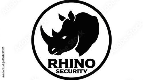 Minimalist black and white circular logo design featuring a stylized rhinoceros head silhouette icon graphic with silhouette professional typography
