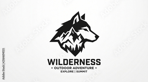 Minimalist wolf head silhouette integrated with mountain peaks and pine forest vector graphic emblem design with logo with logo