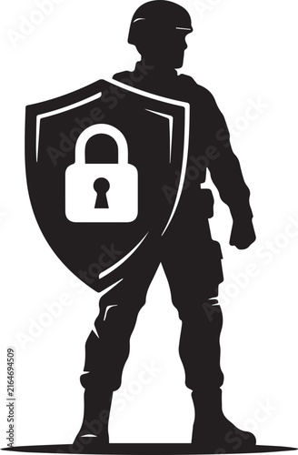Cybersecurity Shield with Lock and Security Professional Silhouette