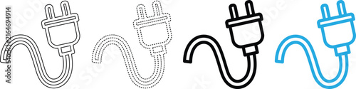 Electric plug vector icon collection with solid dashed thin line and color variations for design.