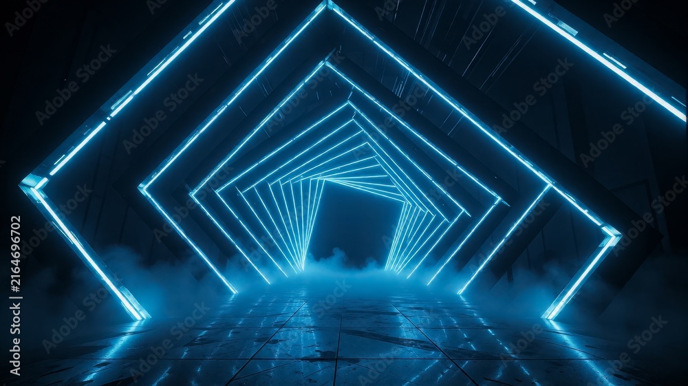 Fototapeta premium Futuristic Neon Blue Light Tunnel with Smoke