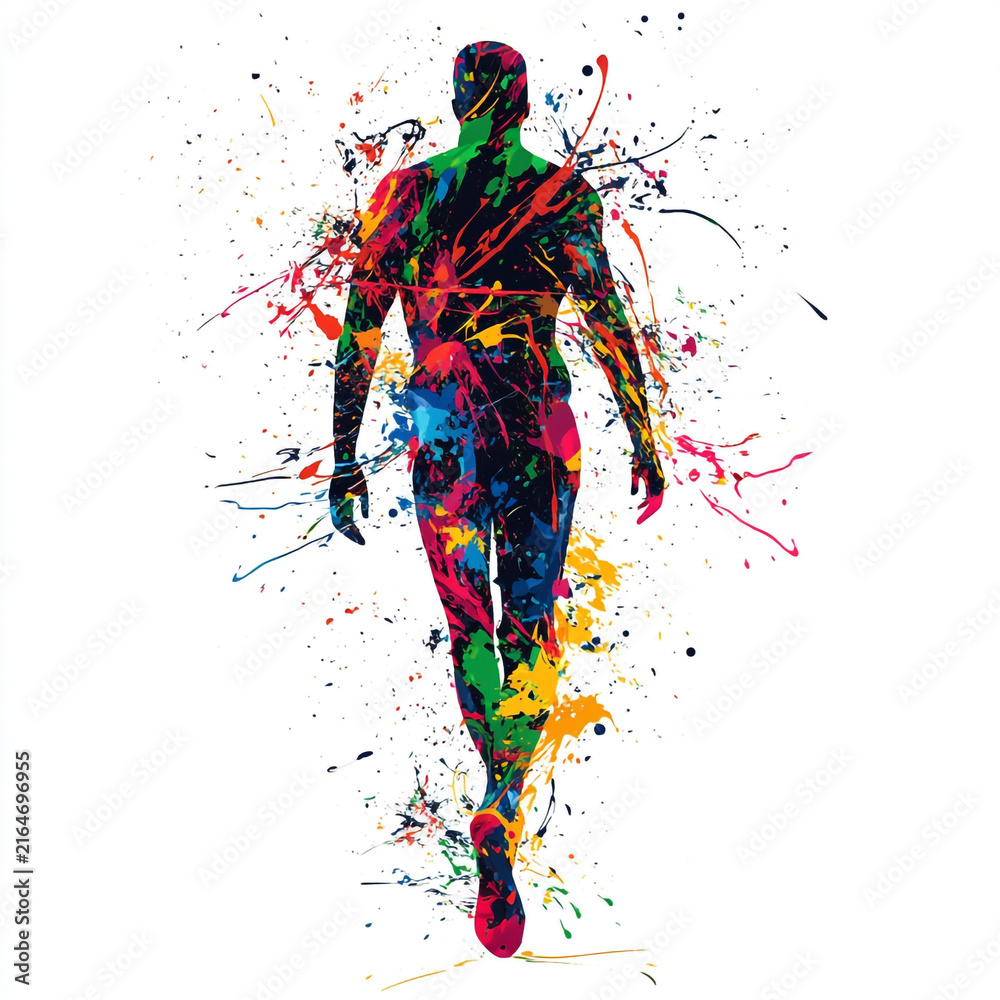Obraz premium Walking human figure formed by colorful paint splashes and watercolor drops on white background with colorful man watercolor walker abstract person