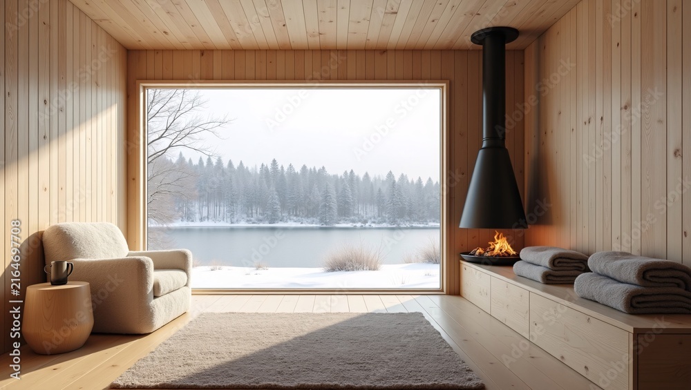 Naklejka premium Cozy timber cabin room, modern black hanging fireplace, plush armchair, large picture window, frozen lake and snow‑covered forest view, soft natural daylight, neutral textured rug