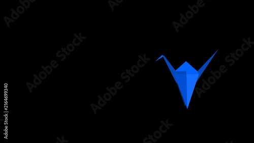 Animation of a flying origami paper bird on alpha channel black background.
