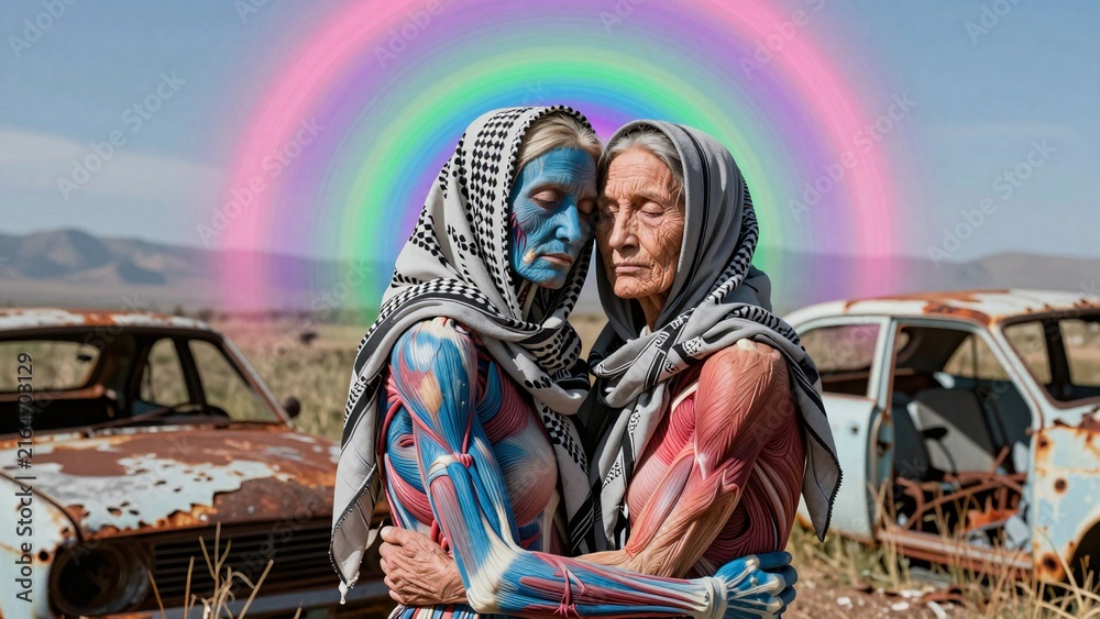 Fototapeta premium Elderly Women Embracing with Anatomical Artistry in Desert Rainbow
