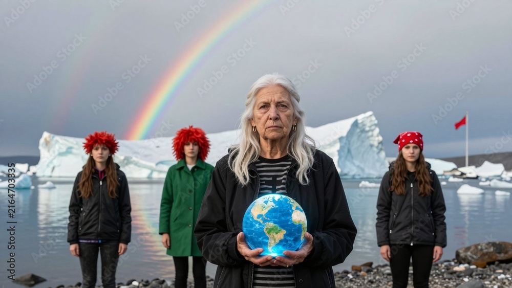 Fototapeta premium Elderly Woman Holding Globe Amid Antarctic Icebergs with Rainbow