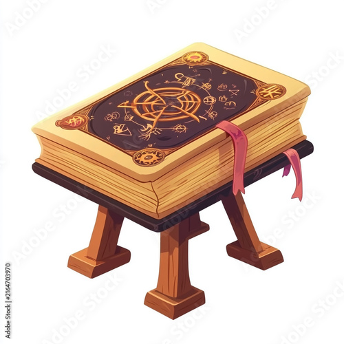 Closed ancient fantasy spell book with decorative leather cover on a wooden pedestal table magic tome medieval book game asset grimoire pedestal