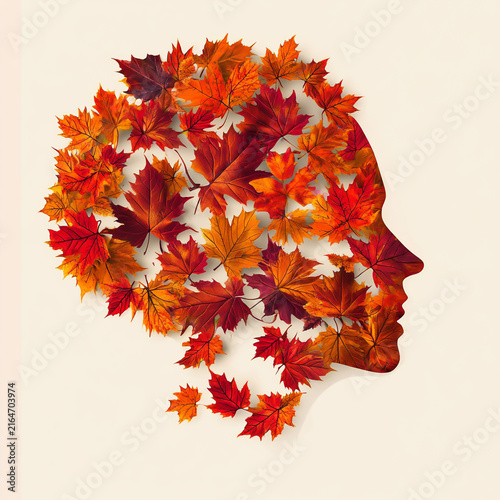 Human head profile silhouette creatively filled with red and orange autumn maple leaves fall foliage nature art mental health autumn concept