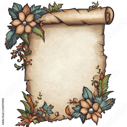 Vintage paper scroll banner decorated with flowers and green leaves floral scroll parchment scroll flower border antique scroll botanical scroll